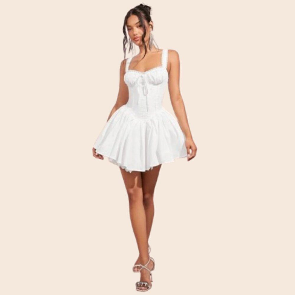 White Mini Milkmaid Layered Cottagecore Dress Size Medium